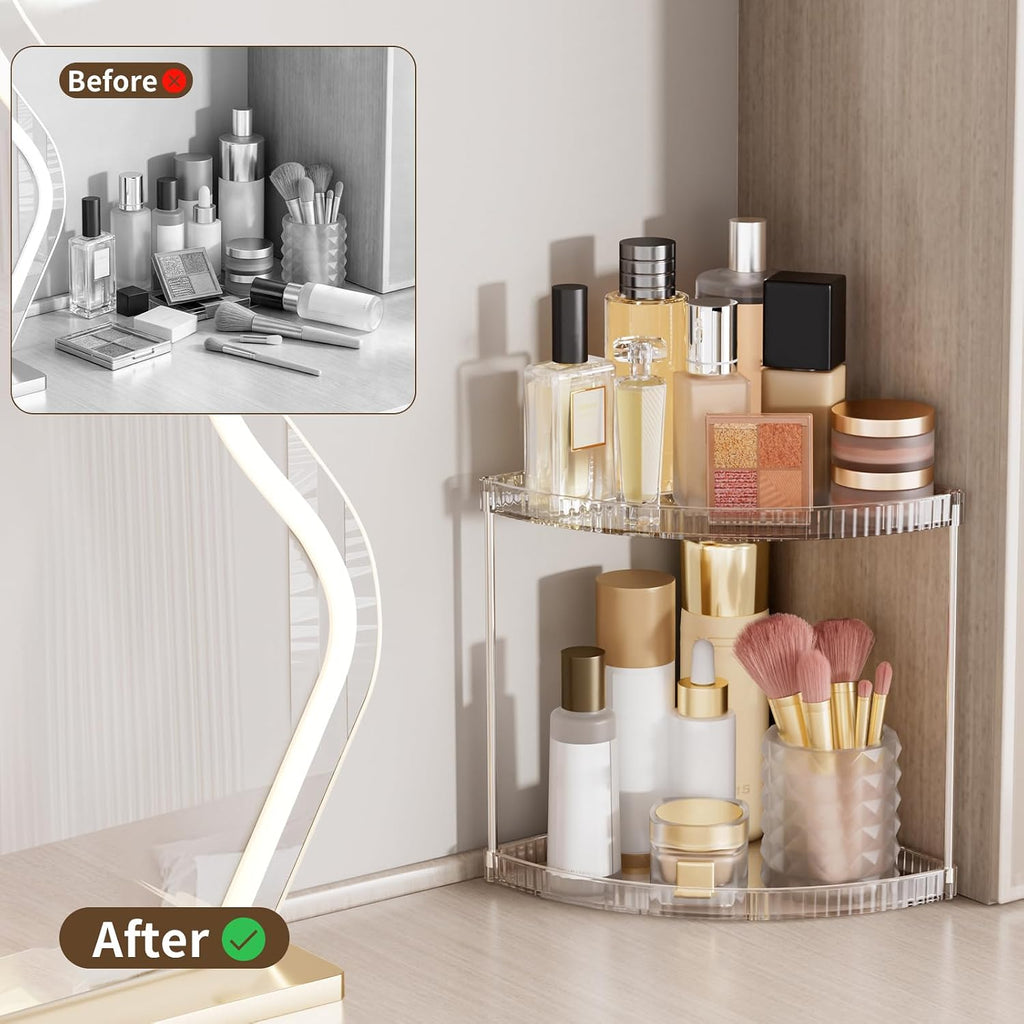 2 Tier Corner Bathroom Counter Organizer, Clear Vanity Makeup Storage Shelf