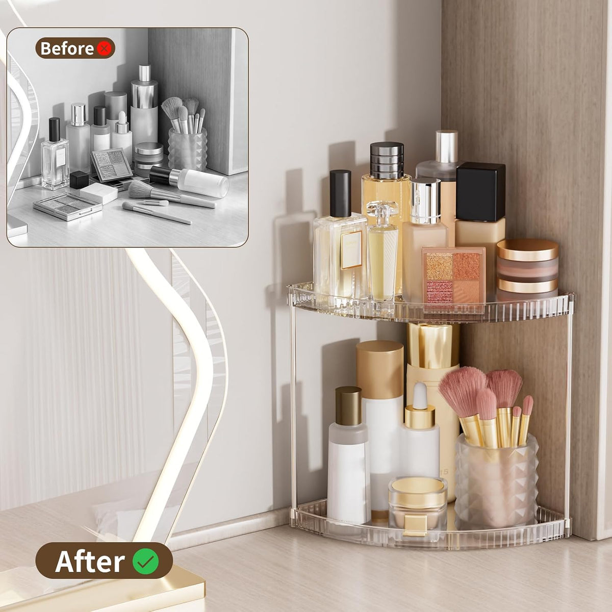 2 Tier Corner Bathroom Counter Organizer, Clear Vanity Makeup Storage Shelf