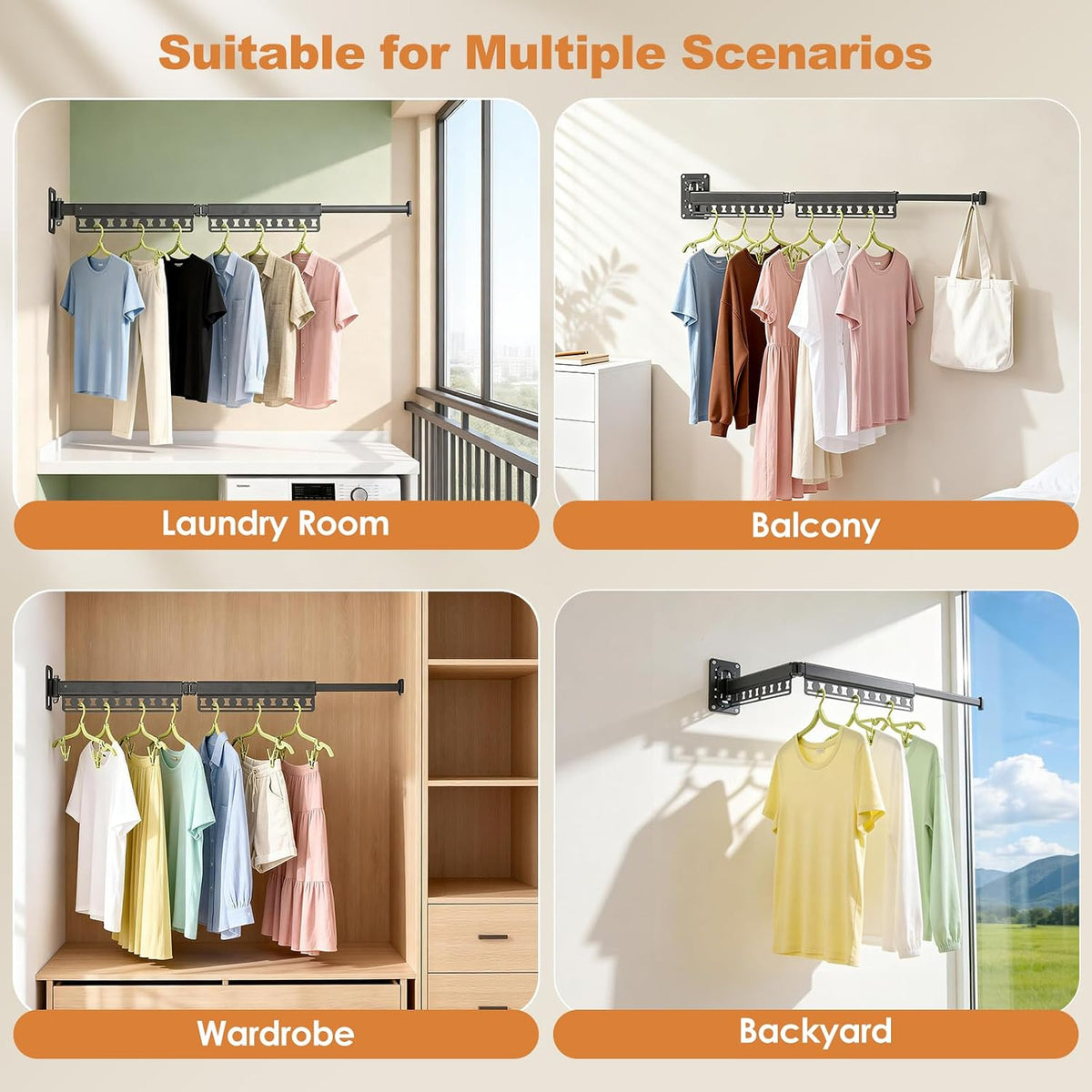 Wall Mounted Clothes Drying Rack Foldable & Space-Saving with 4 Hangers