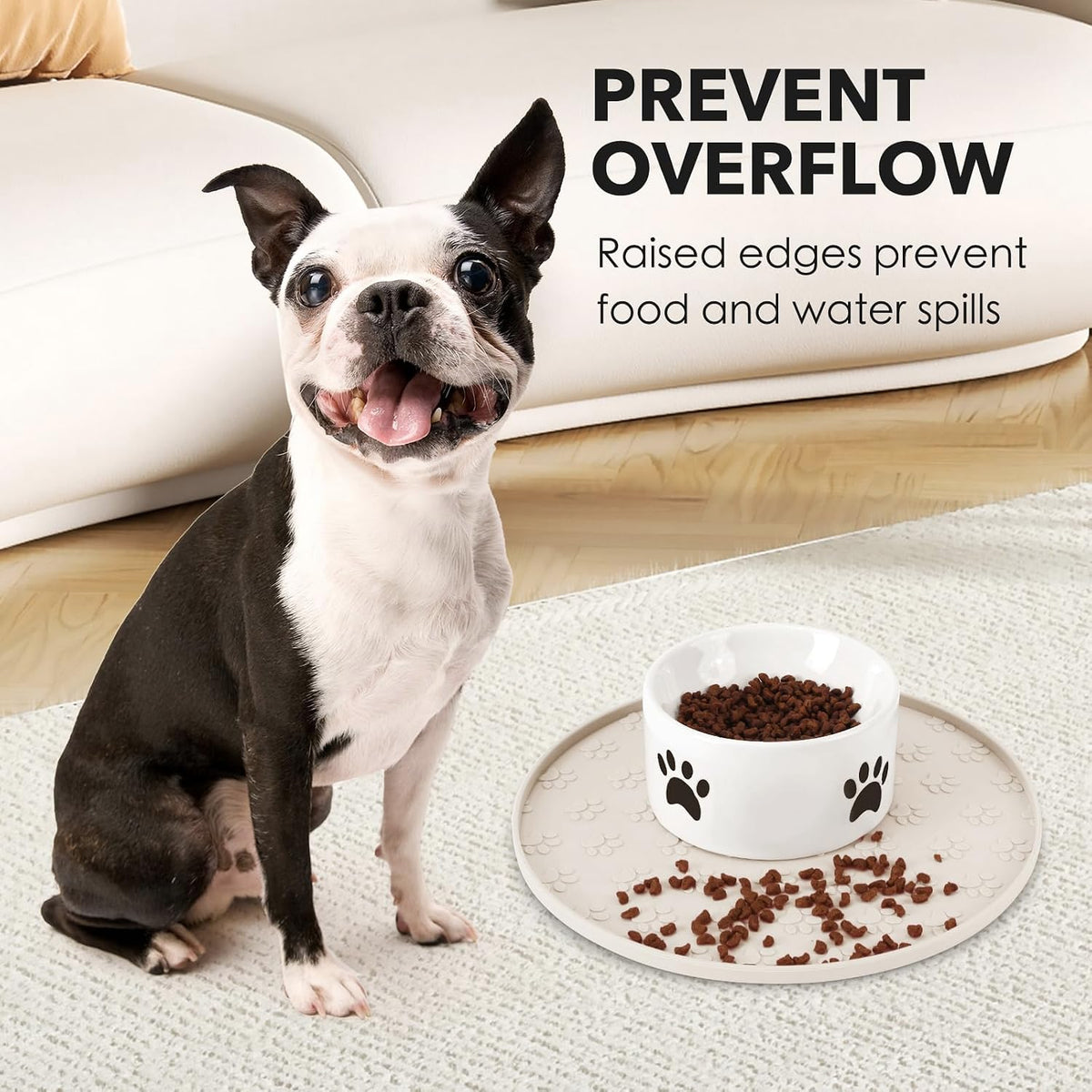 Silicone Pet Food Mat - Waterproof Dog Food Bowl Mat Cat Feeding Mat Thicker Pet Placemat Eating Mat with High Lip to Prevent Spills, Dog Cat Water Bowl Mat for Messy Drinkers to Protect Floors, Beige