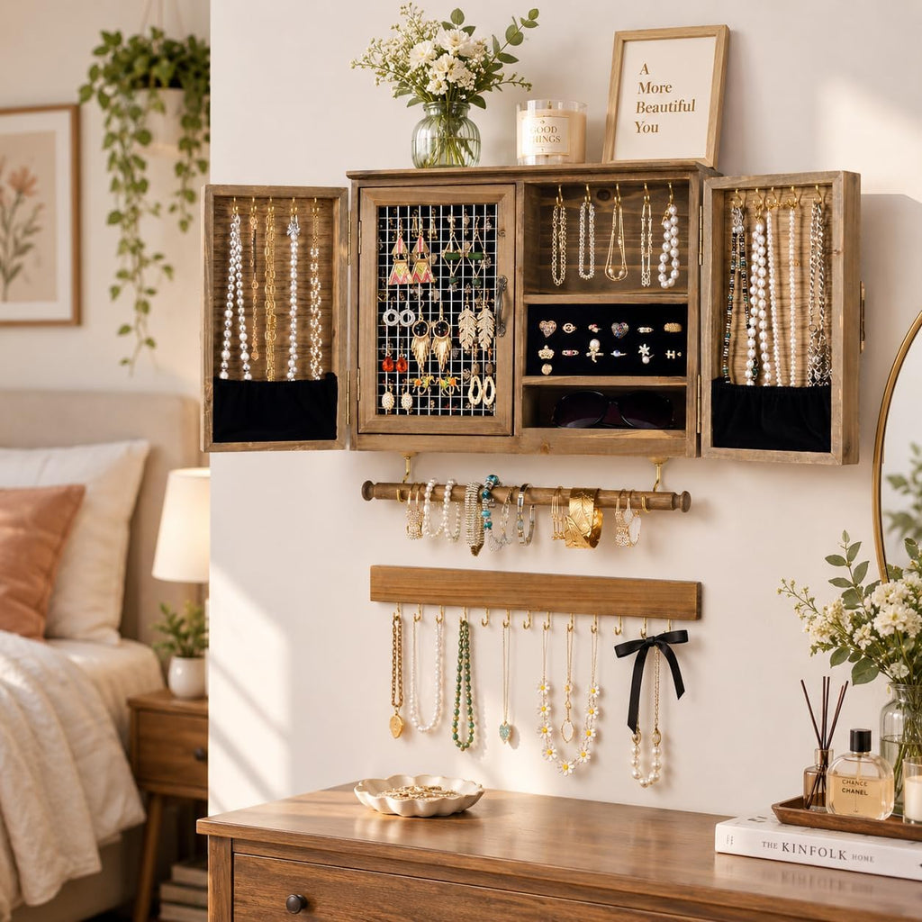 Wall Mounted Jewelry Organizer, Rustic Brown Wooden Jewelry Storage Cabinet