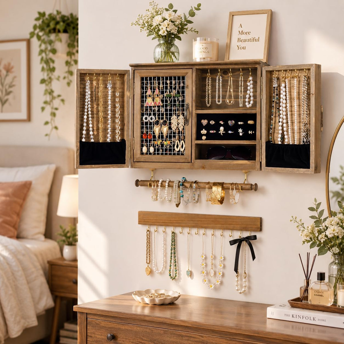 Wall Mounted Jewelry Organizer, Rustic Brown Wooden Jewelry Storage Cabinet