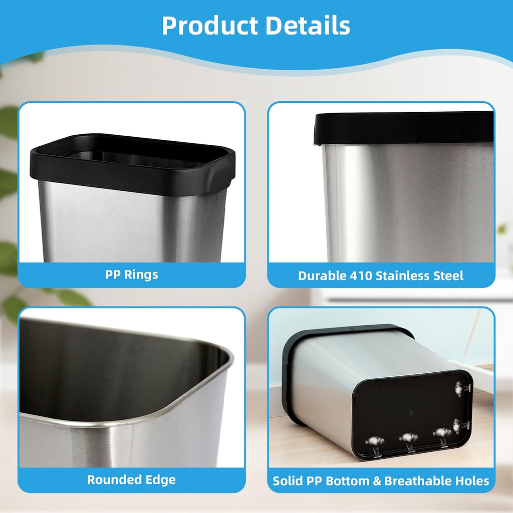TooCust 2 Pack Stainless Steel Trash Can 3 Gallon, Open Top Trash Can, 8" x 11" x 13", Rectangle Rubbish Bin, Slim and Narrow, No Lid Small Wastebasketfor Kitchen, Bathroom, Living Room, Office
