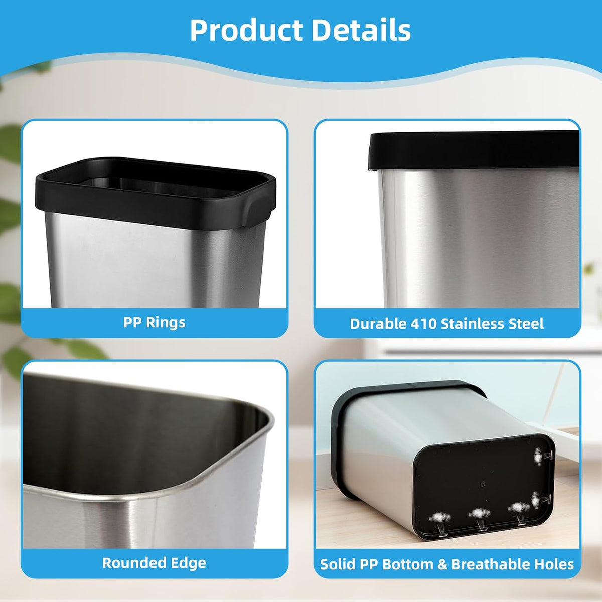 TooCust 3 Pack Stainless Steel Trash Can 2 Gallon, Open Top Trash Can, 7" x 10" x 11", Rectangle Rubbish Bin, Slim and Narrow, No Lid Small Wastebasketfor Kitchen, Bathroom, Living Room, Office
