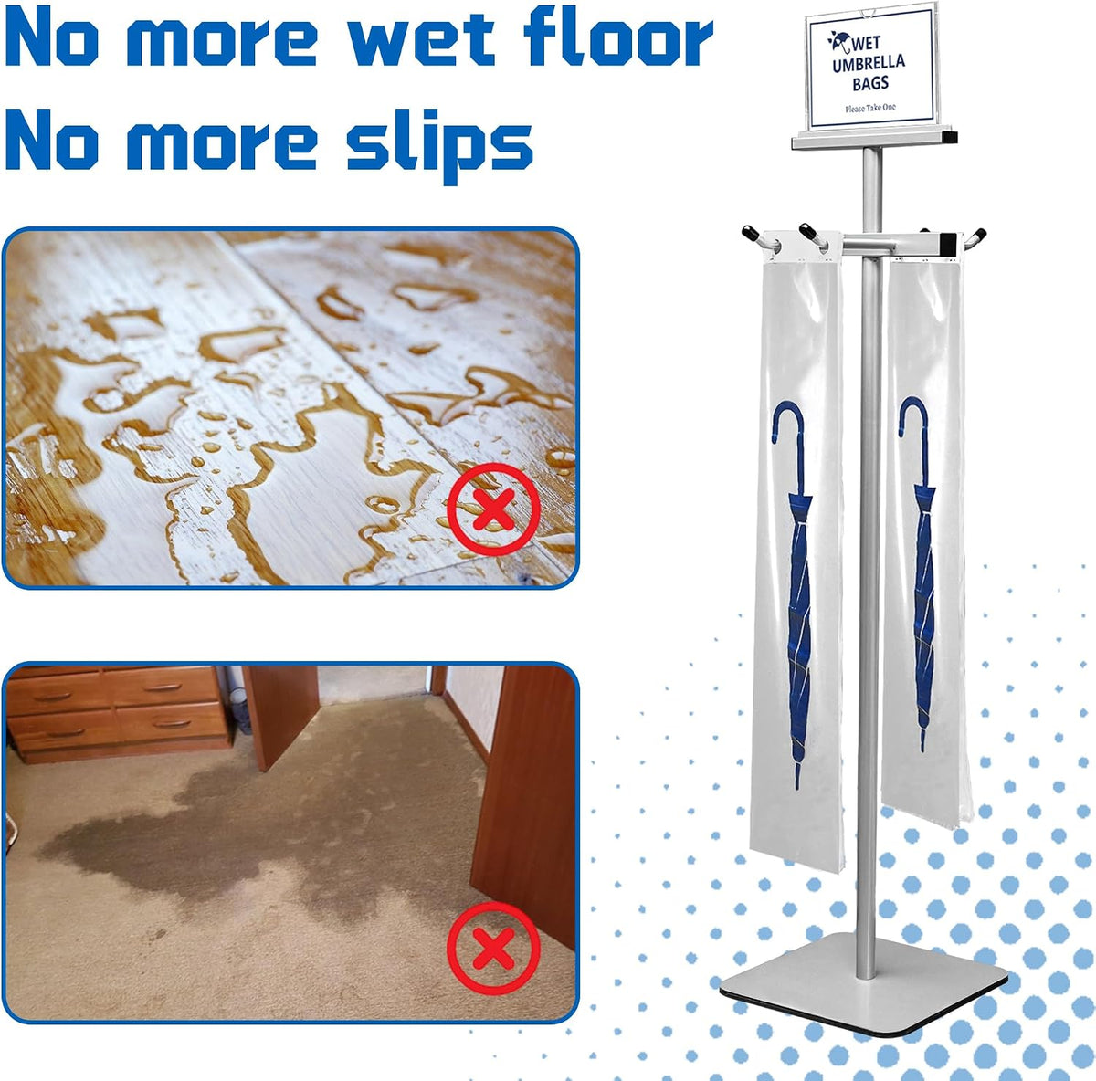 Montex Wet Umbrella Bag Stand with Free 200 Large Plastic Disposable Bags, Umbrella Holder Stand, Silver