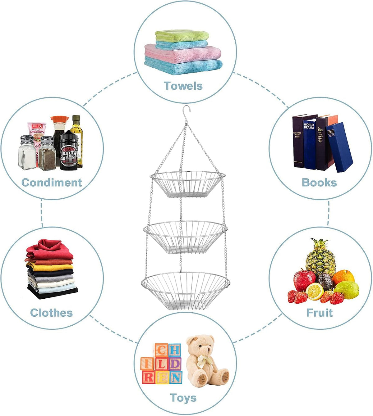 JUNCHU CHERRY 3-Tier Wire Fruit Hanging Basket 2 Packs, non-Punching Wall Hanging Storage, Kitchen Bathroom Organization Basket, Suitable for Bathroom, Kitchen, Closet, Garden, Chrome