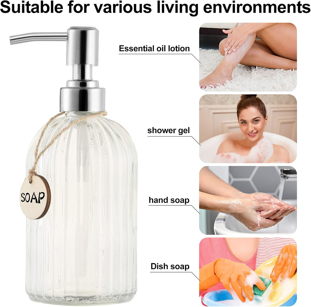 MOCLIF 16 OZ Soap Dispenser，Tempered Glass Clear Vertical Stripe with 304 Rust Proof Stainless Steel Pump Refillable Liquid Hand Soap Dispenser，for Bathroom, Kitchen, Dish Soap，Lotion (Clear)
