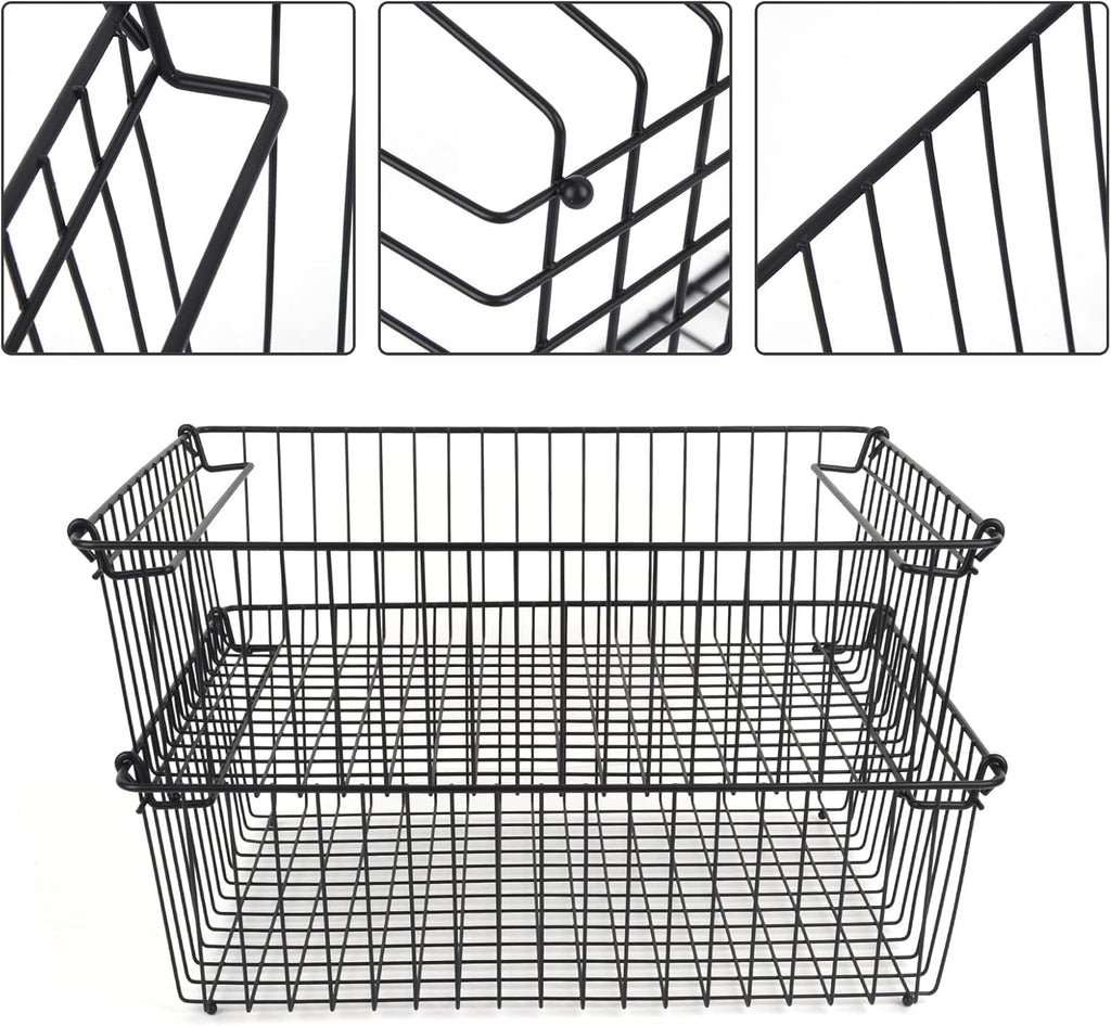 Set of 2 Stackable XXL Wire Baskets For Pantry Storage and Organization -16x12in Large Metal Food Baskets -Vegetable,Fruit,Potato,Onio, Pantry Storage Bins With Handles (White, XXL)