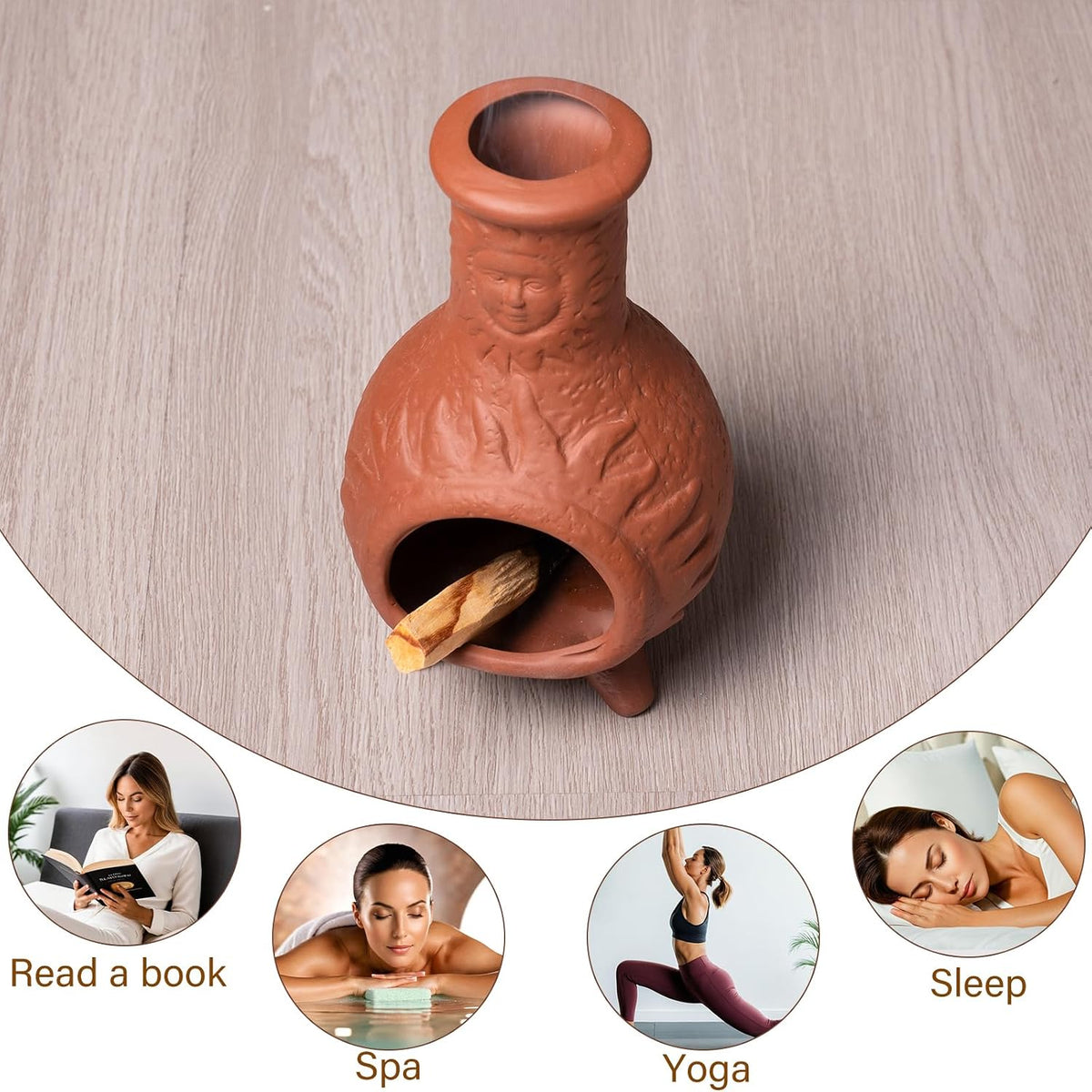 MOUGIGI Sun Face Terracotta Palo Santo Holder,Mini Chiminea Incense Burner