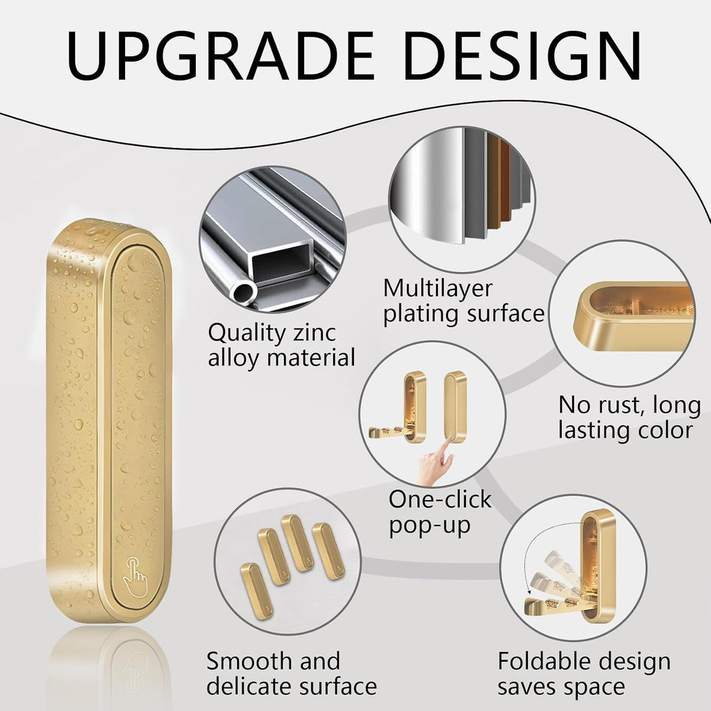 2PCS Foldable Gold Wall Hooks, Heavy Duty Zinc Alloy Folding Wall Hooks,Folding Coat Hooks, Flip Down Hook for Hanging Coats, Bags, Hats, Cooking Utensil, Bathrobes, Keys (Gold)