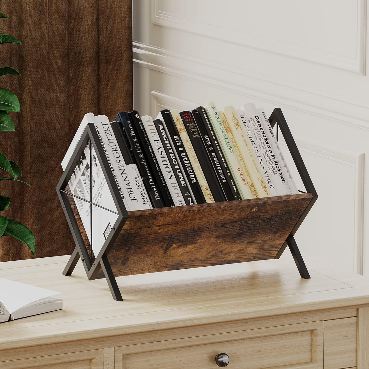YINMIT Vinyl Record Holder, 80-100 LP Vinyl Record Storage Rack, Quick Assembly Vinyl Record Display, Retro Style Organizer for Magazine, Book, Files, Albums (Rustic Brown, 1 Tier)