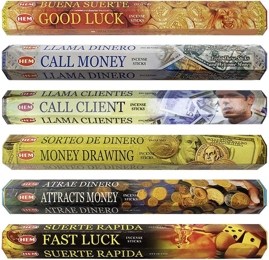 Hem Incense Sticks Variety Pack #3 and Incense Stick Holder Bundle with 6 Money Series Fragrances