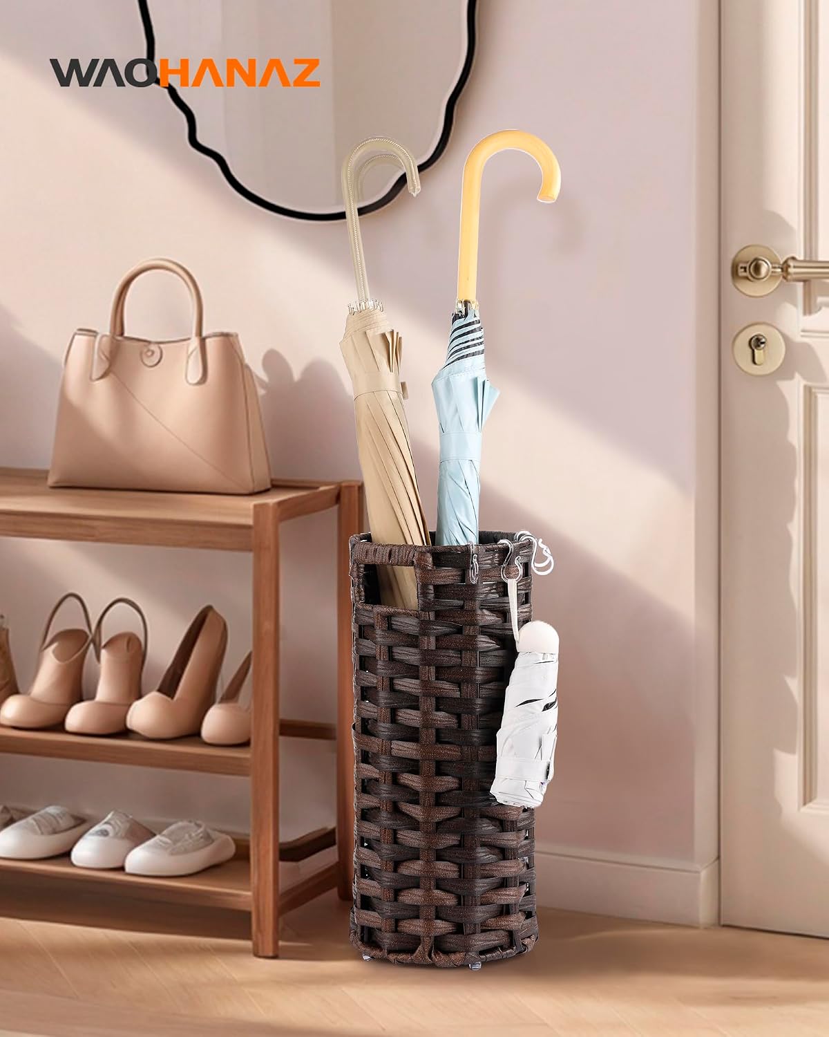 Rattan Umbrella Stand, Umbrella Holder for Entryway, Hand Woven Umbrella Rack Organizer Freestanding, with a Detachable Drip Tray, 4 Hooks, 7.5" L x 7.5" W x 16.5" H, Brown