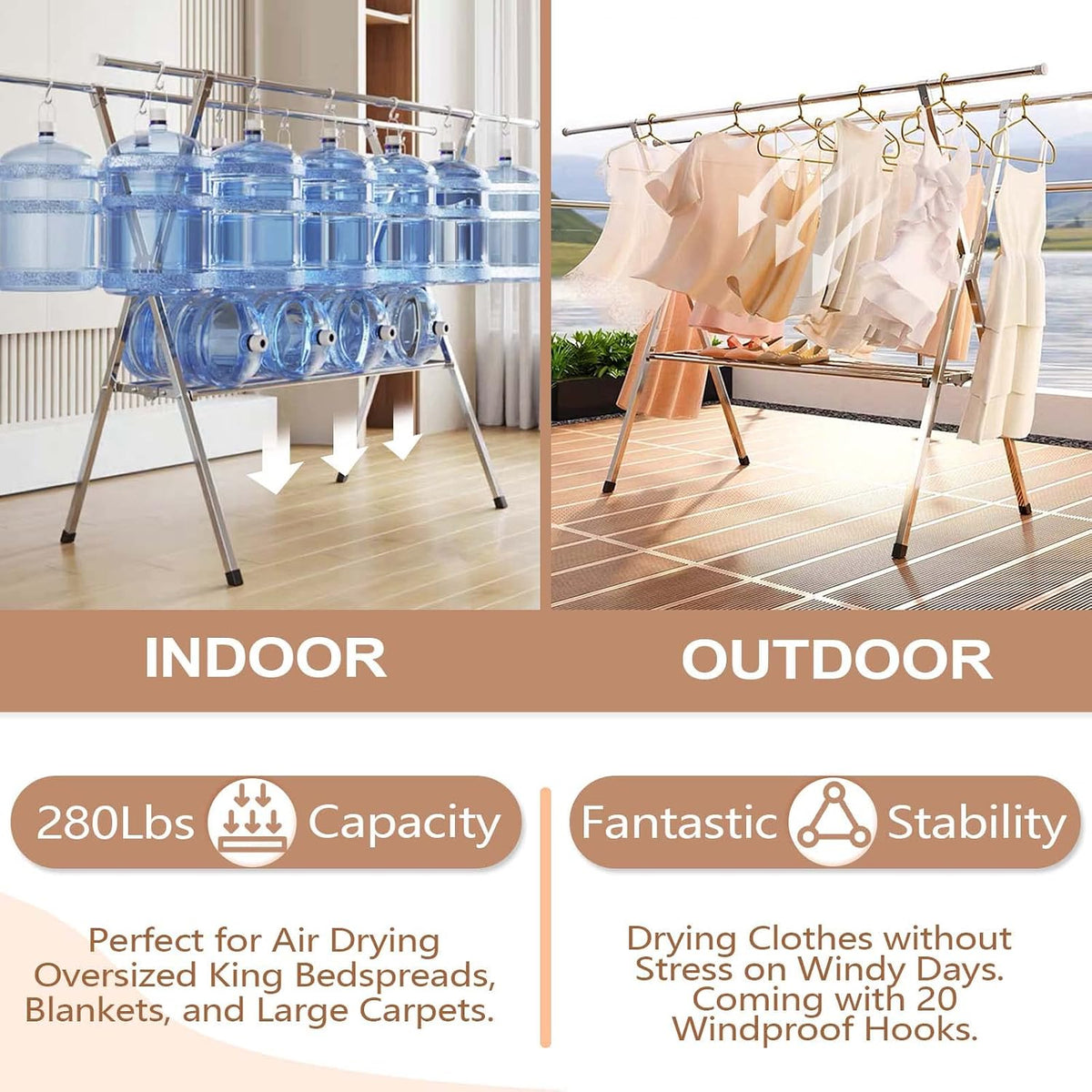 JAUREE Clothes Drying Rack 2 Tiers, Heavy Duty Drying Rack Clothing Folding Indoor Outdoor, Stainless Steel Laundry Drying Rack, Foldable Garment Rack with 20 Windproof Hooks (84 Inches)