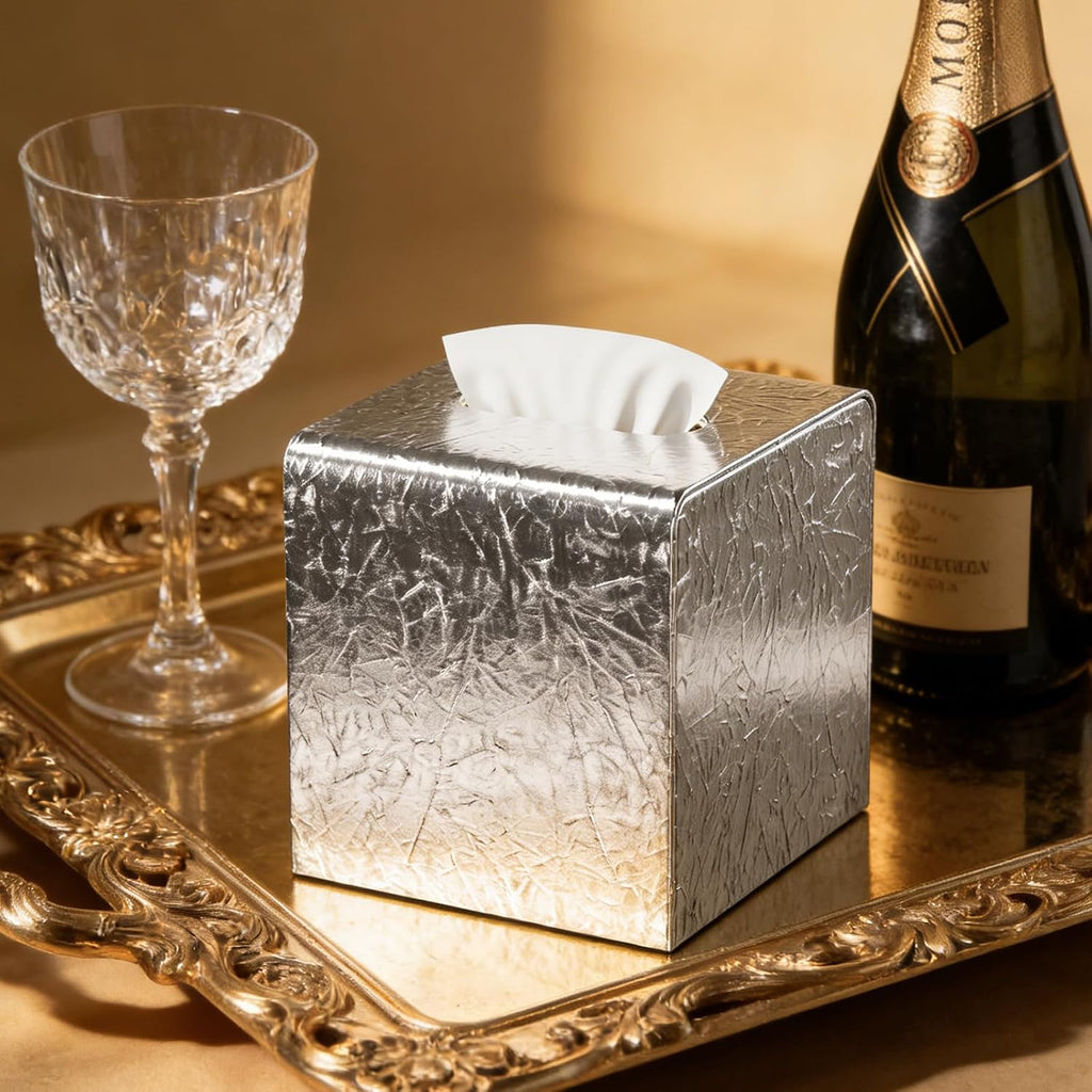 Silver Tissue Box Cover,Square Leather Tissue Box Cover with Magnetic Closure,Tissue Vessel for Bathroom Toilet Bedroom Living Room Table Desk Office,Modern Home Decor