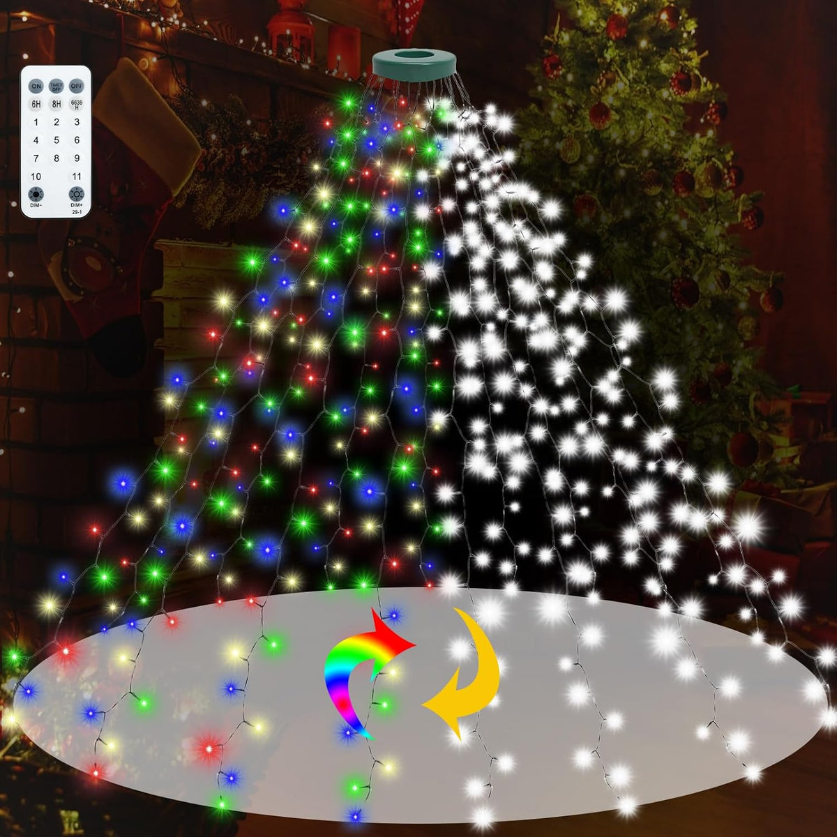 Wafloter 9.2ft x 16 Lines Multicolor to White Color Changing Christmas Tree Lights with Ring, 480 LEDs Xmas String Lights w/Remote,11 Light Mode, Timer & Memory for 5-9.2ft Christmas Tree Decorations