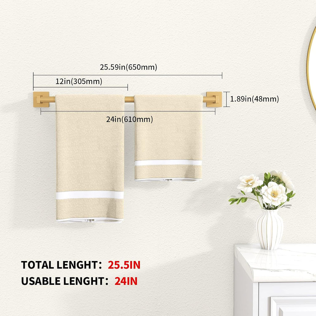 MKO Towel Bar for Bathroom, 24" 2 Pack Wall Mounted Towel Rack, Gold