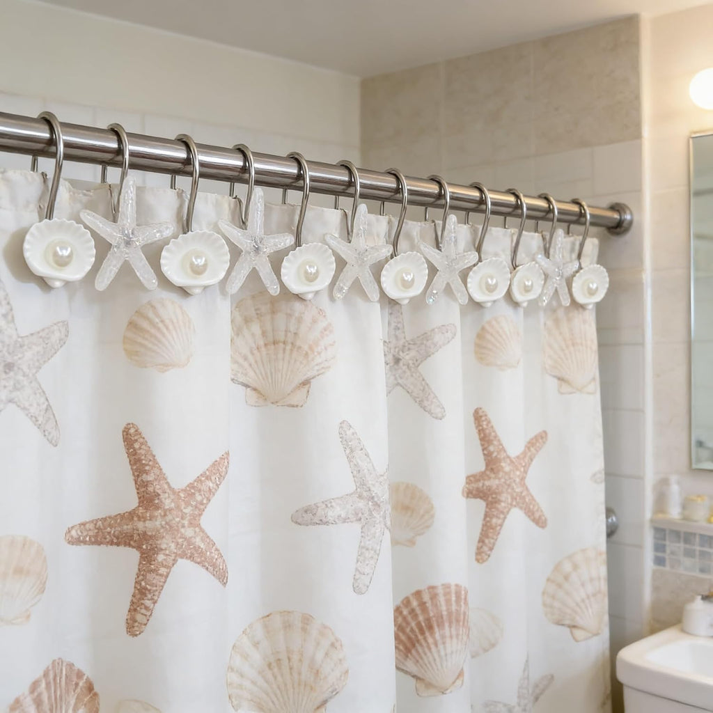 Twofishes Seashell Shower Curtain Hooks S/12 Ocean Pearl White Starfish Style Shower Curtain Rings Pack of 12 Oecan Shell Shower Rings Set of 12