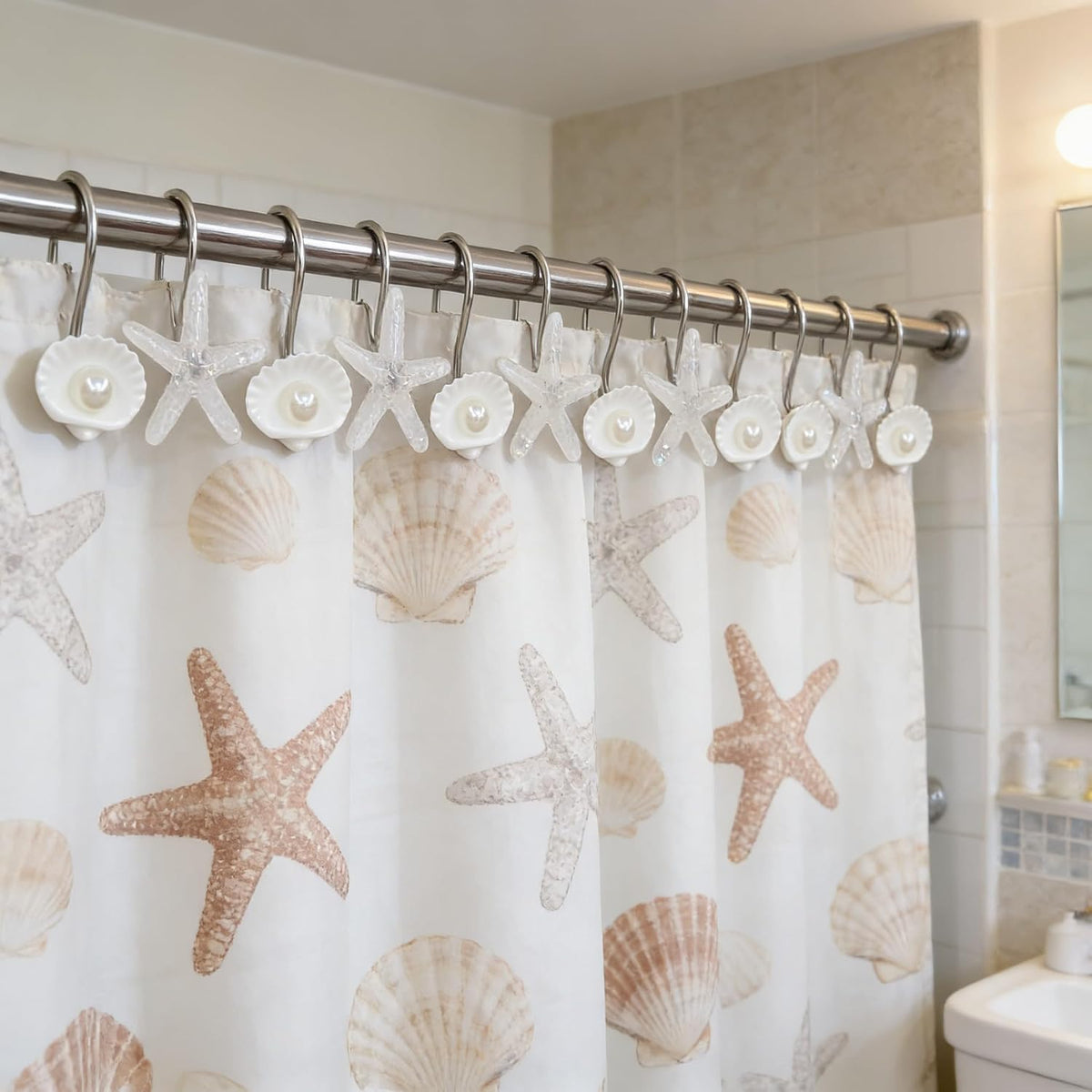 Twofishes Seashell Shower Curtain Hooks S/12 Ocean Pearl White Starfish Style Shower Curtain Rings Pack of 12 Oecan Shell Shower Rings Set of 12