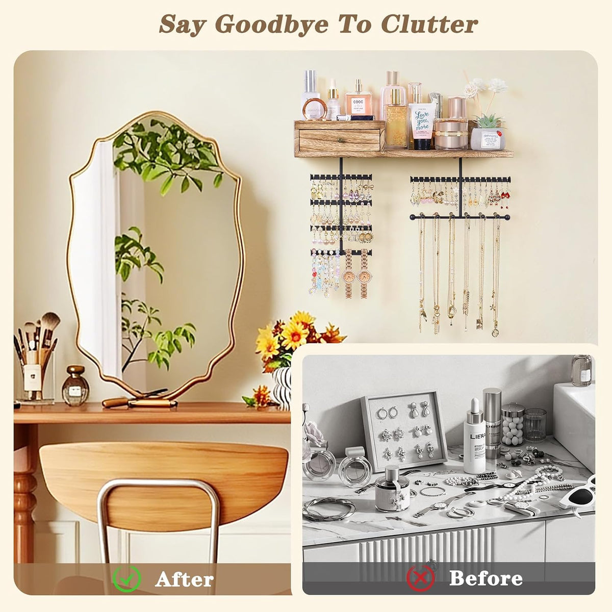 VINAEMO Jewelry Organizer Hanging Wall Mounted Jewelry Holder with Rustic Wood Drawer & Large Capacity Storage Shelf Rack Display for Earrings Rings Necklaces Bracelet