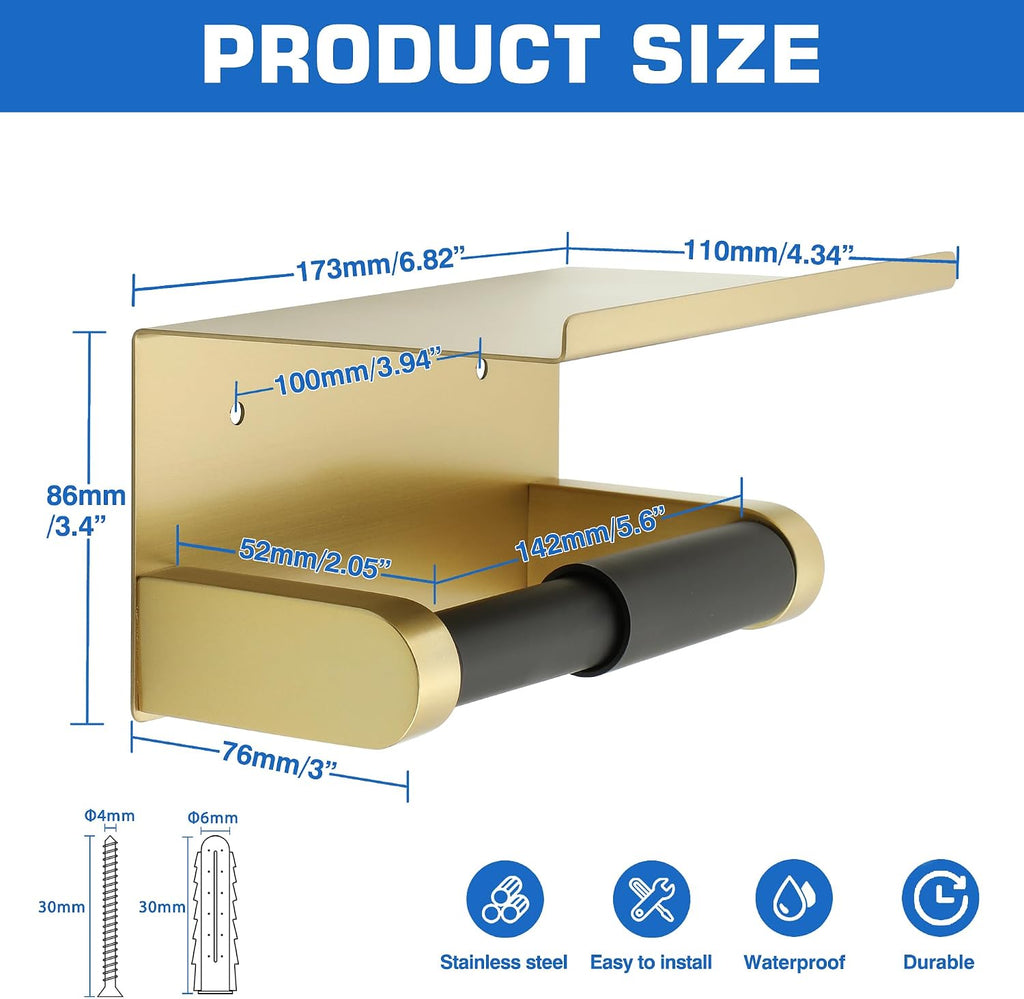 Alise Toilet Paper Holder with Shelf Wall Mount Adhesive or Screw in,Gold