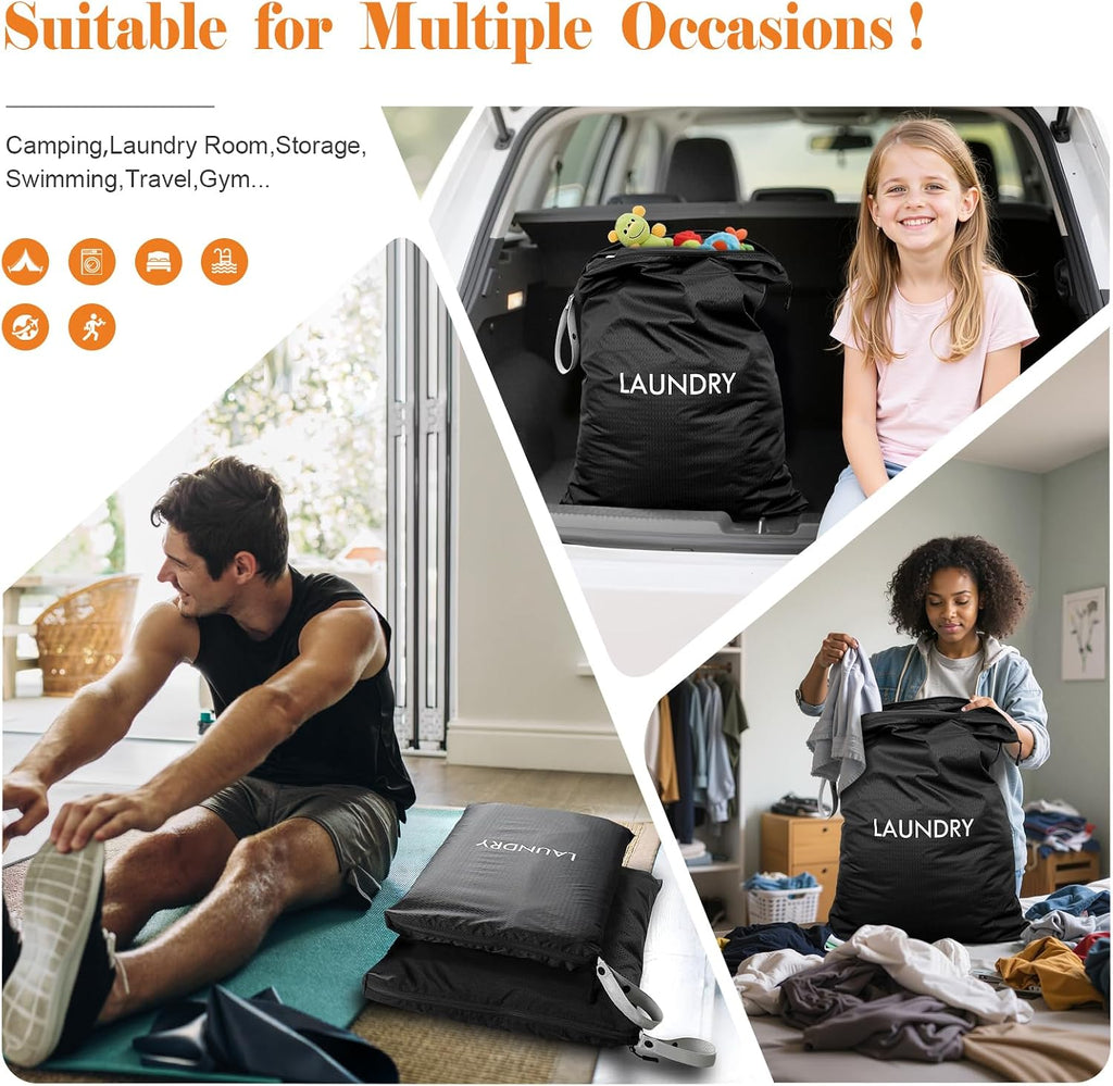 WiseBoy 2-Pack Travel Laundry Bags, Washable Wet Dry Bags for Gym, Black