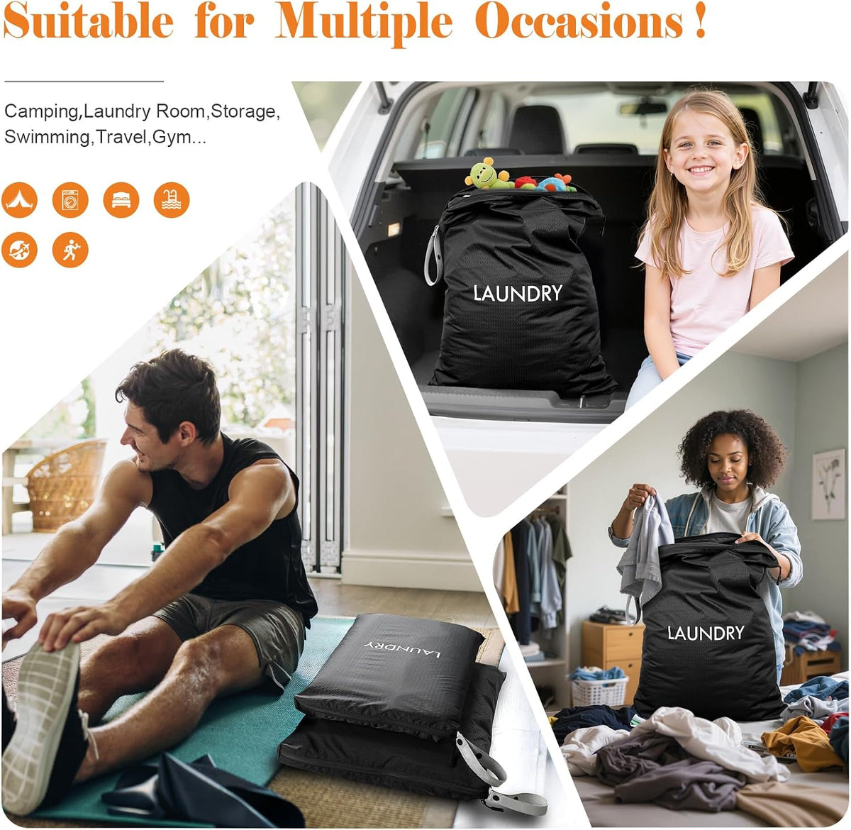 WiseBoy 2-Pack Travel Laundry Bags, Washable Wet Dry Bags for Gym, Black