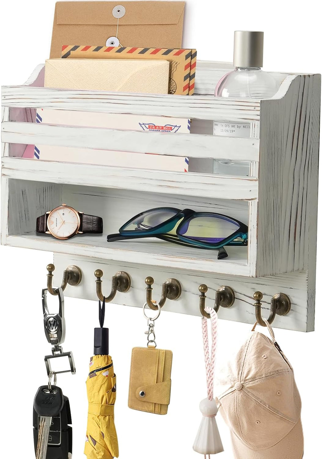Key Holder Wall Mount with Mail Organizer, 5 Key Hooks, White