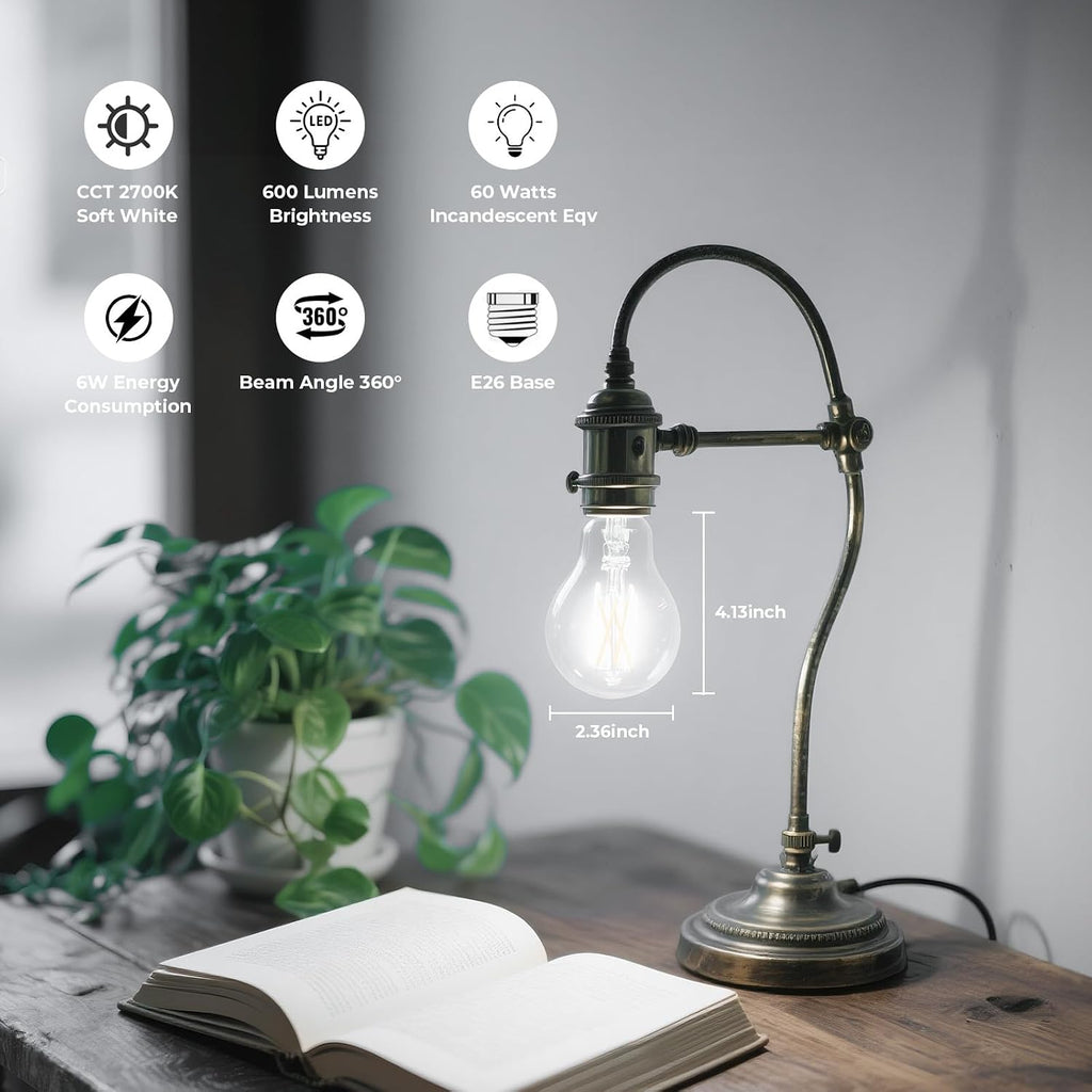 GvvooHome Dimmable E26 LED Bulb 6W, 60 watt Equivalent, A19 Clear Glass LED Light Bulb 5000K Daylight, Vintage LED Edison Bulbs for Ceiling Fan, 90+CRI, 600LM, 4 Pack