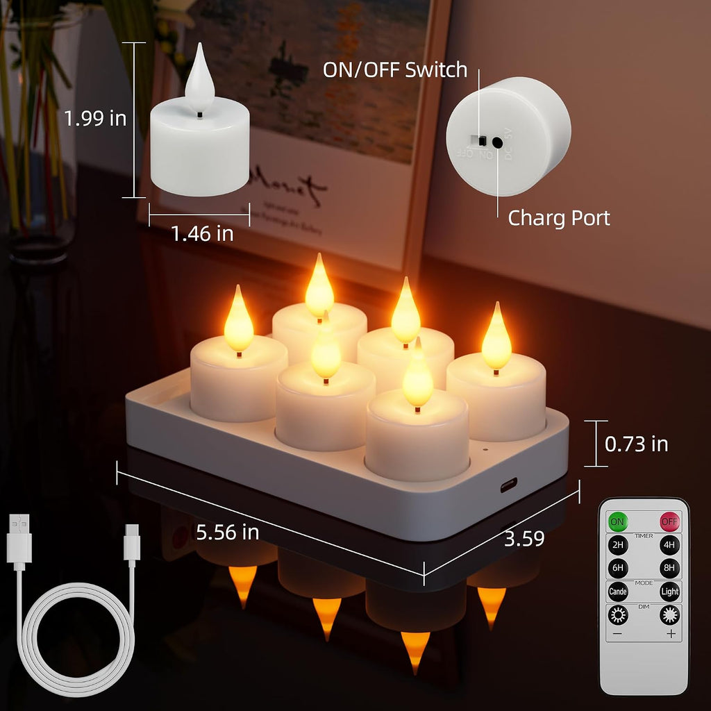 Rechargeable Flameless Tea Lights Candles with Remote Charging Base 6Pcs