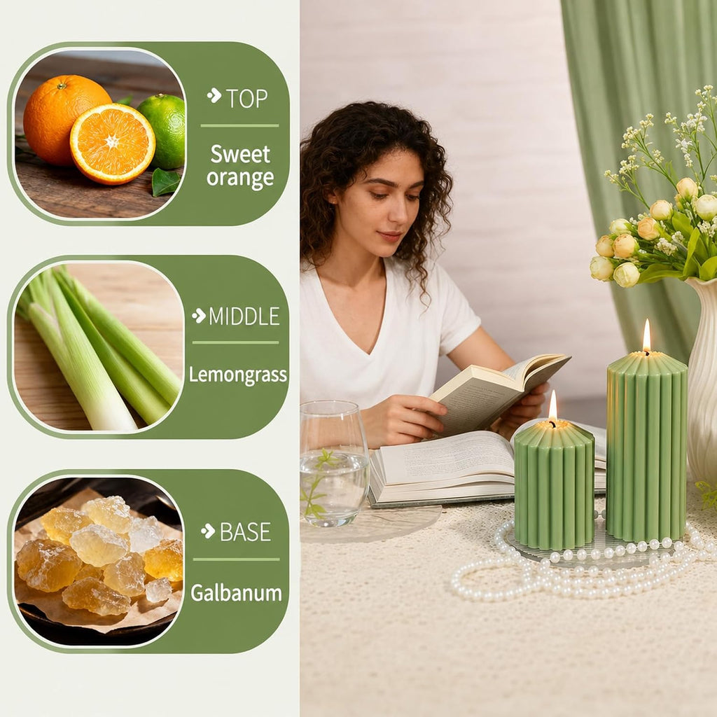 Ribbed Decorative Scented Pillar Candles, 3 Pack,2.8 x 4/6/8 Inch, Green