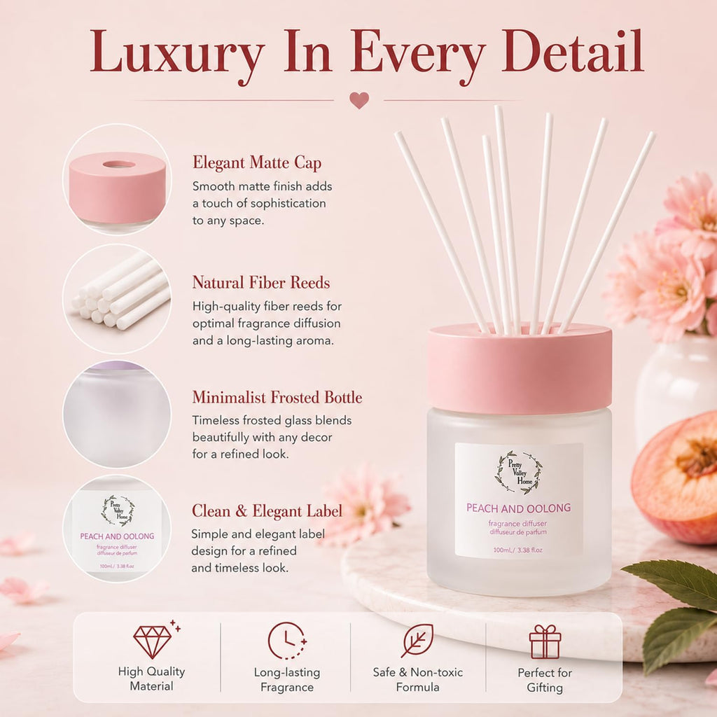 Reed Diffuser Set, Pretty Valley Home Diffuser 100Ml / 3.38fl OZ Gift Box - Includes Reed Diffuser Sticks, Fragrance Oil, and Glass Bottle for Bathroom Office Living Room Decor (White Peach & Oolong)