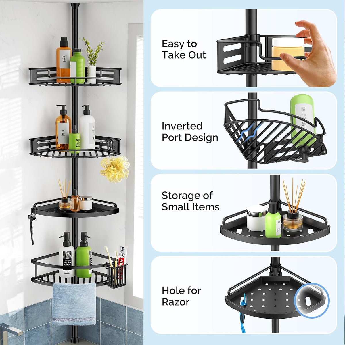 HAMITOR Corner Shower Caddy Tension Pole, 4 Tier Rustproof Organizer- Black