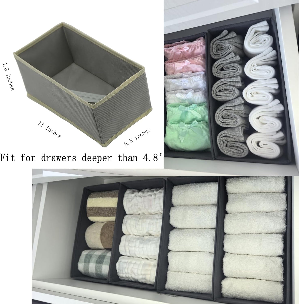Bructhun Sock Drawer Organizer 6 Pack - Collapsible Fabric Storage Bins for Underwear Divider, Small Closet Organizers with 6 Compartments, Light Gray