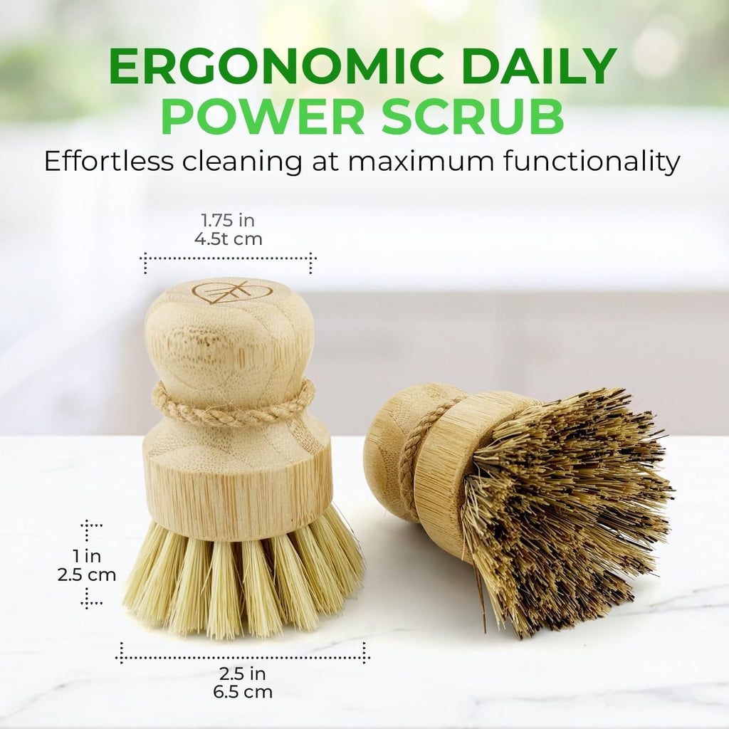 AIRNEX Bamboo Dish Brush Set of 2 - Natural Wooden Dish Scrubber with Sisal & Coconut Bristles - Plastic Free Kitchen Scrub Brush for Dishes, Sink, Pots & Pans - Non Scratch Kitchen Dish Brush