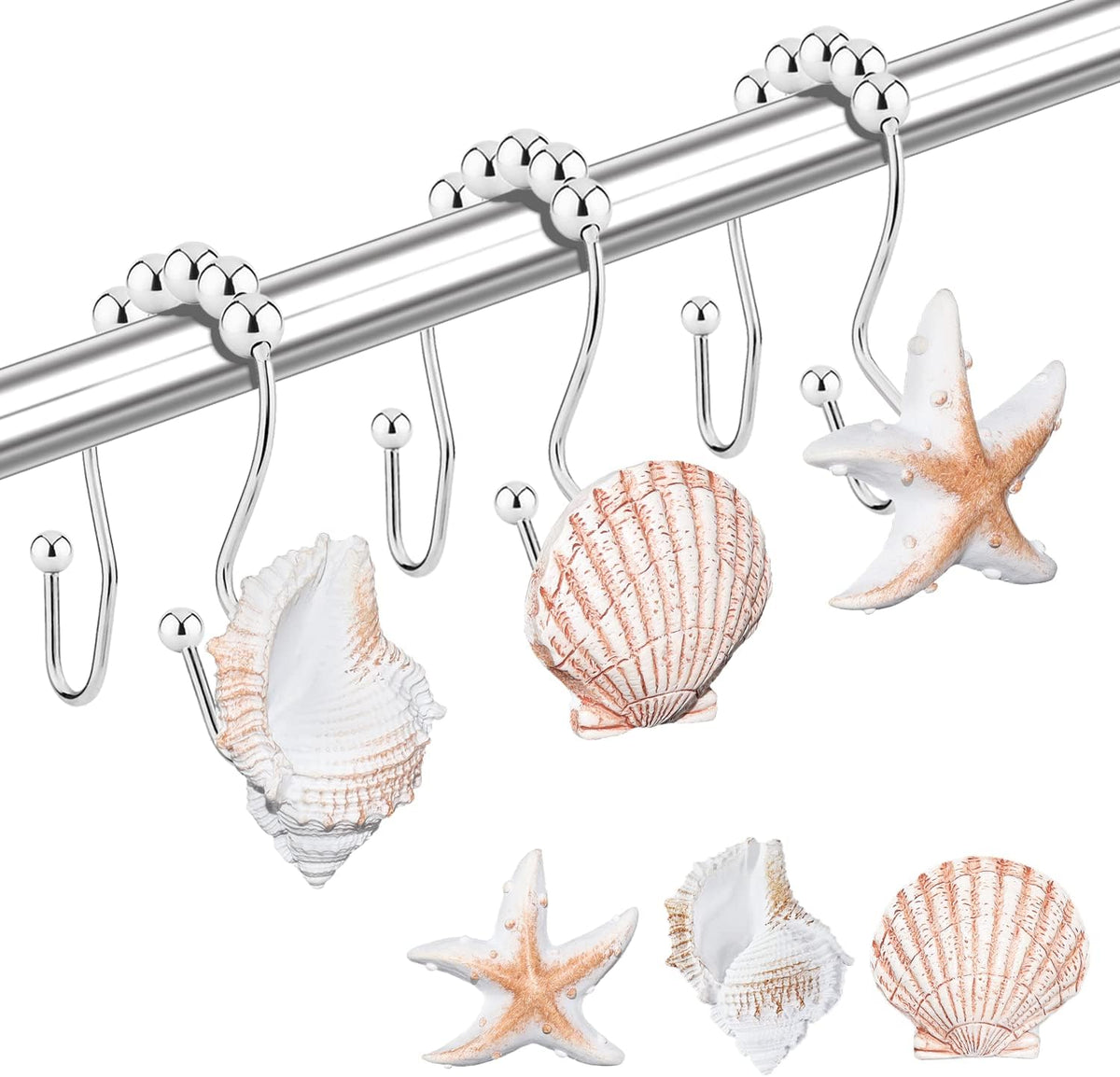 Shower Curtain Hooks Rings, 12PCS Anti Rust Seashell Decorative Double Resin Hooks for Beach Bathroom, Baby Room, Bedroom, Living Room Décor