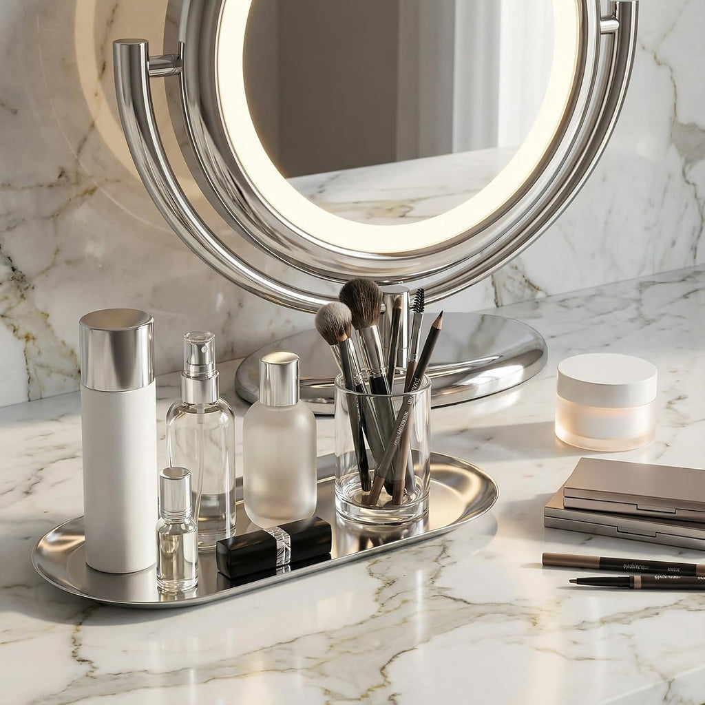 Silver Decorative Tray, 2 PCS Bathroom Vanity Tray for Dresser Counter, Elegant Jewelry Dish Tray for Decor, Silver Platter Serving Tray Organizer for Perfume Trinket Key Candle, Stainless Steel, Oval