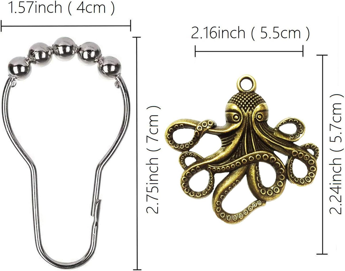Set of 12 Octopus Shower Curtain Hooks Decorative Home Bathroom Squid Sea Creature Beast Stainless Steel Rustproof Brushed Nickel Rings with Octopus Decorative Accessories (Bronze)
