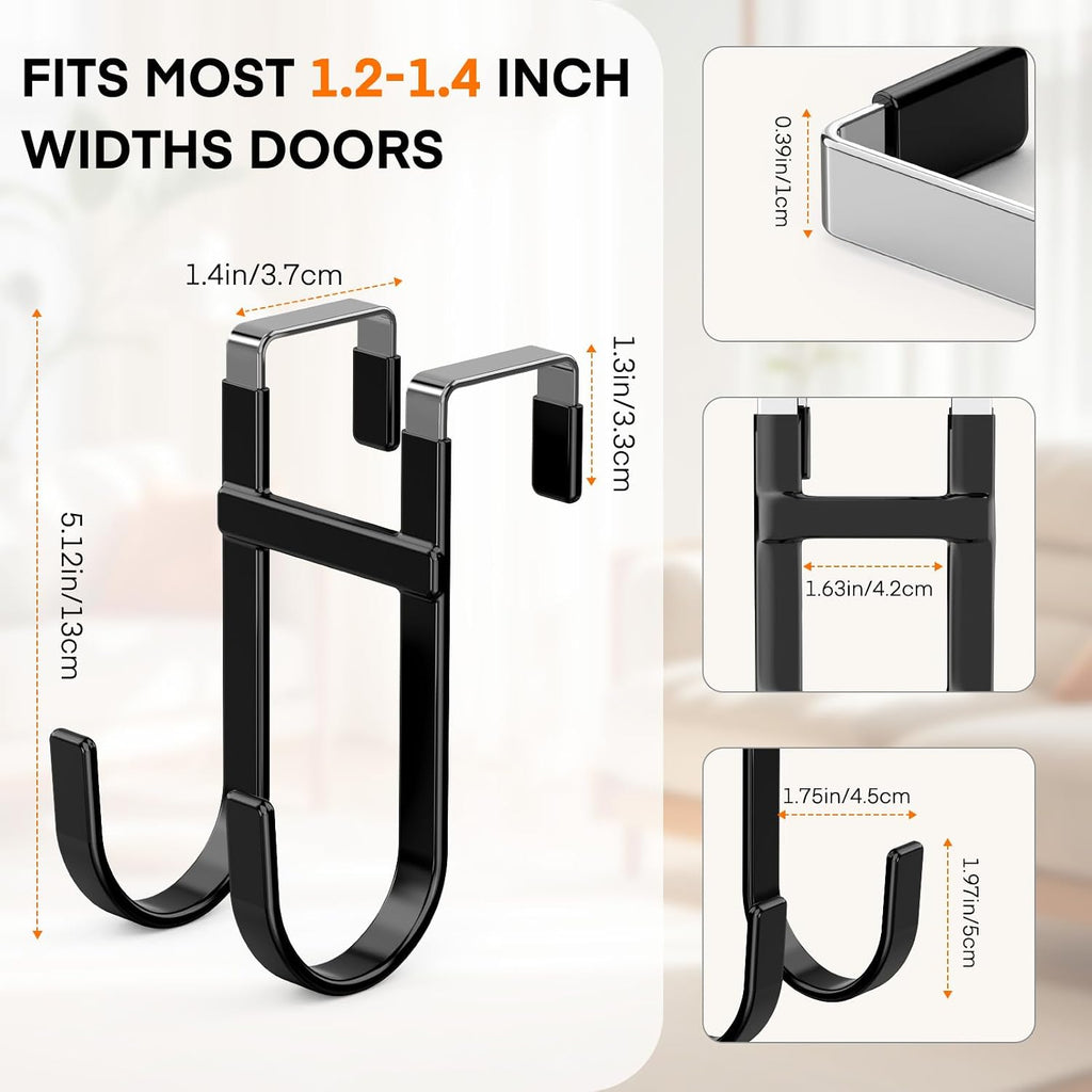 FYY Over the Door Hooks, Double-Hanger 2 Pack, Fits Doors 1 3/8" Black