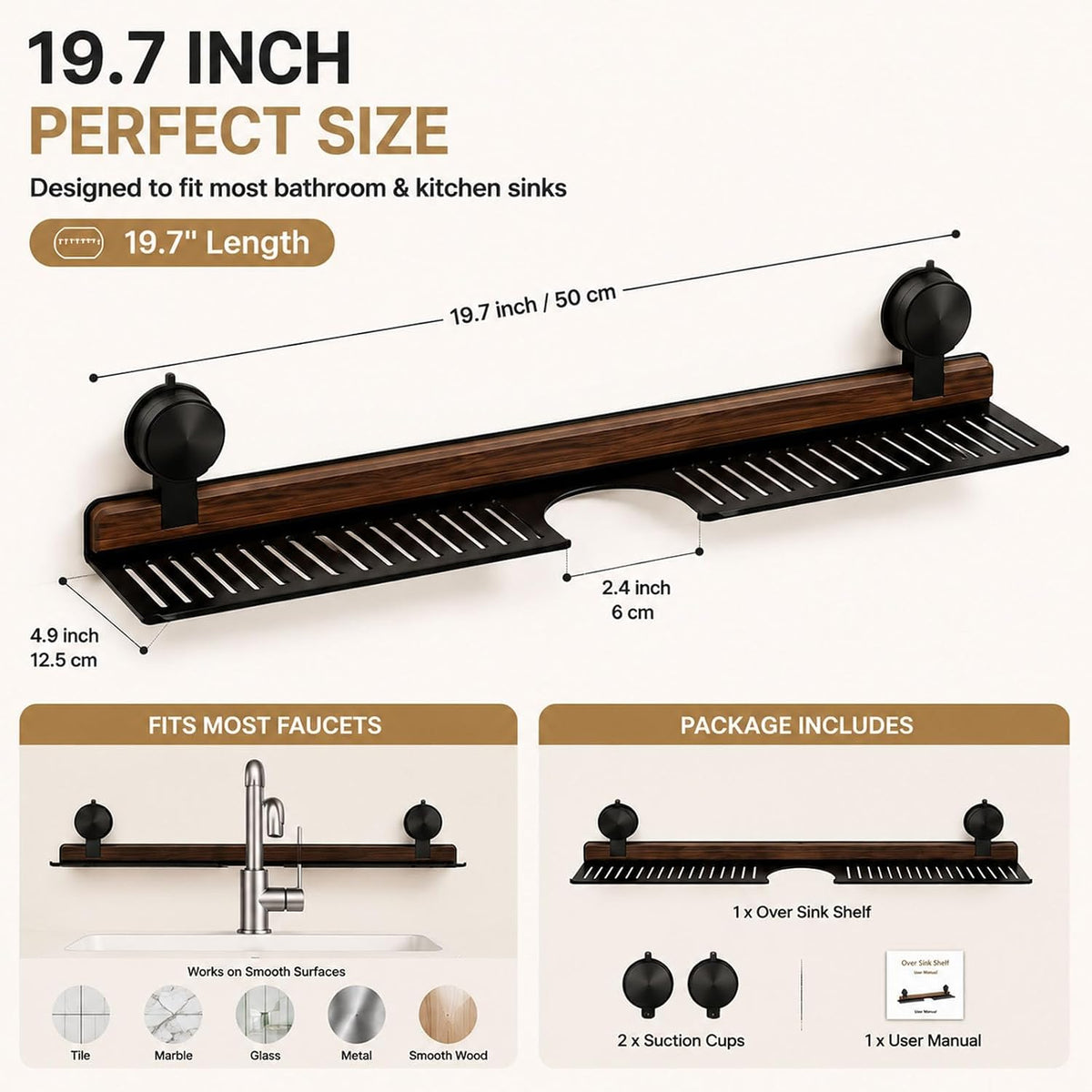 Bathroom Over Sink Shelf, 19.7 Inch No Drill Sink Organizer
