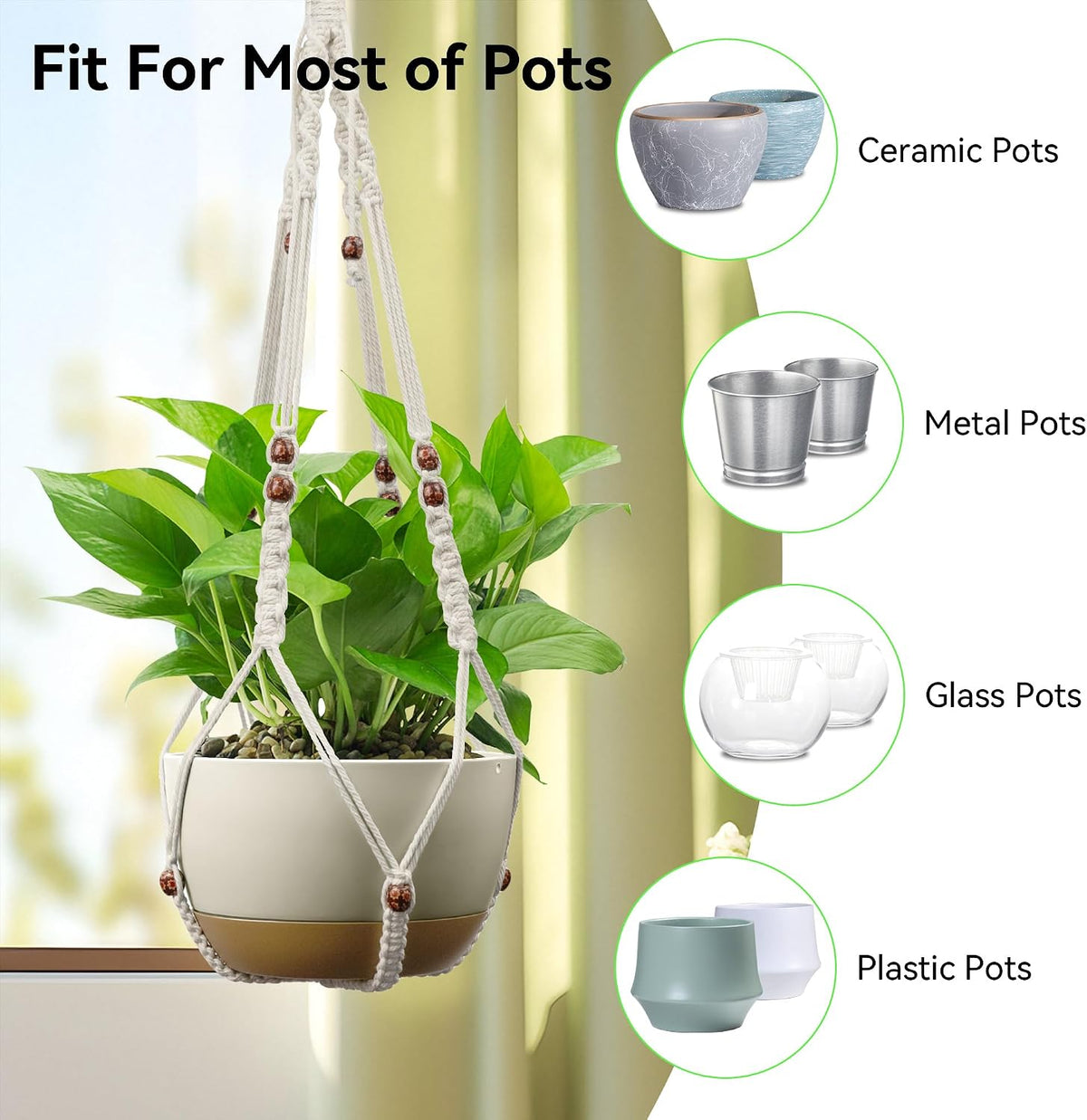 USLAI Macrame Plant Hanger, Fits 4 to 15 Inch Pots, 35 Inch, White, 2 Pack