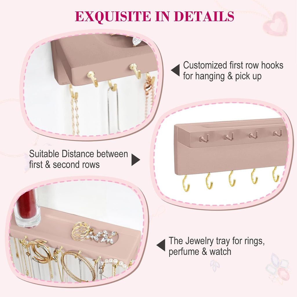 YYILIS Necklace Holder, Upgraded Extra Large Wall Necklace Organizer with 30 Hooks Wall Mounted Necklace Hanger with Jewelry Tray/Cosmetics Shelf Rustic Pine Wood Holder (Pink)