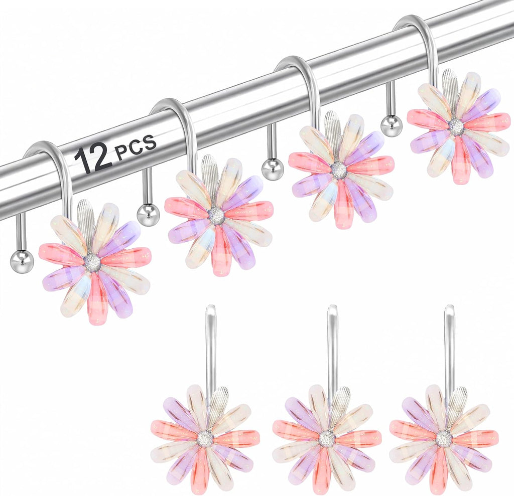 Shower Curtain Hooks, Rust Resistant Cute Daisy Metal Decorative Shower Rings Hangers Set of 12 for Bathroom Curtains,Clothing, Towels (Silver Multicolor)