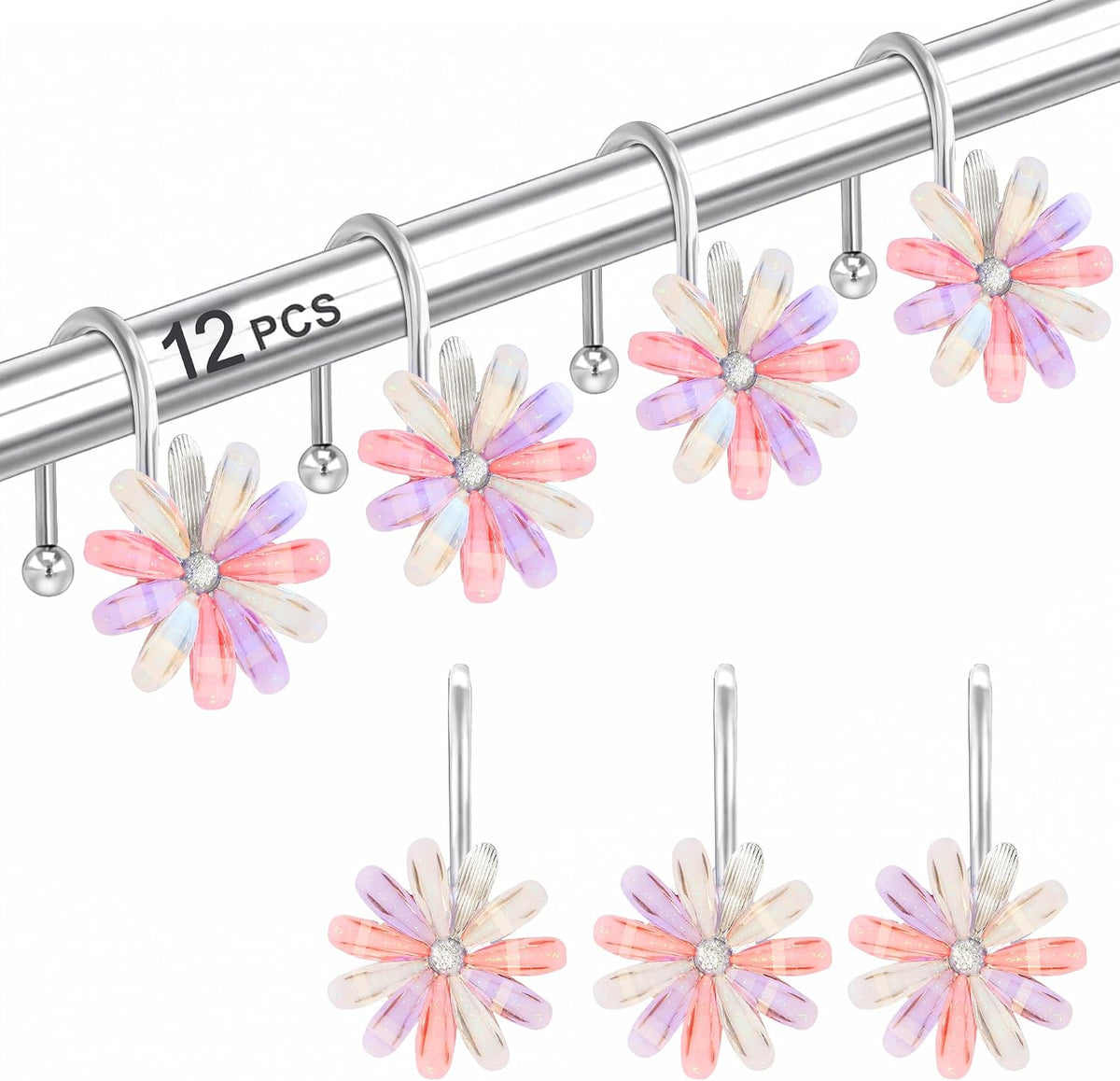 Shower Curtain Hooks, Rust Resistant Cute Daisy Metal Decorative Shower Rings Hangers Set of 12 for Bathroom Curtains,Clothing, Towels (Silver Multicolor)