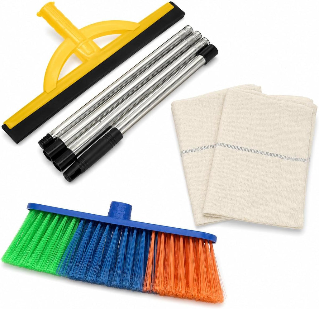 2-in-1 Floor Squeegee & Broom Kit with Telescopic Handle, 17.5 Inch Heavy Duty Water Squeegee for Tile, Concrete, Marble, Garage & Shower, Includes 2 Cotton Cloths