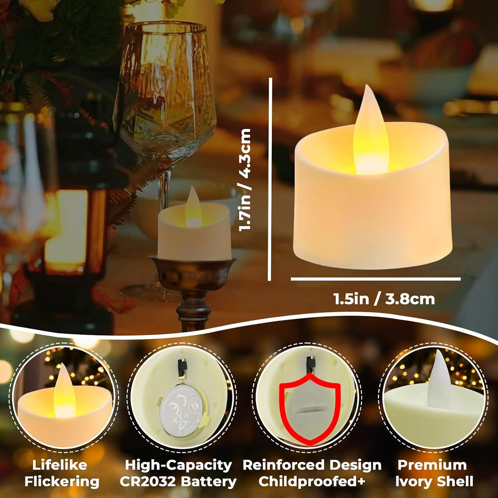 Realistic Flameless LED Tea Lights - Battery-Powered Dancing Flame Candles for Weddings, Halloween, Votives | Safe Child-Resistant, Flickering Ambiance Decor (Ivory Base, 100 Pack)