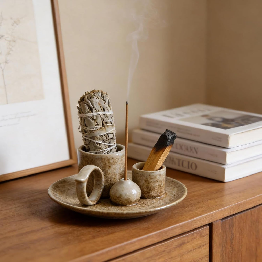 Tnstbiee 4.1 Inch 5-in1 Brown Ceramic Smudge Bowl,Versatile Incense Holder
