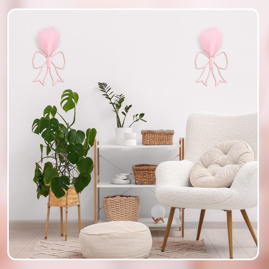 Weysat 2 Pcs Pink Bow Wall Decor Metal Art with Pampas Coquette Wall Decor