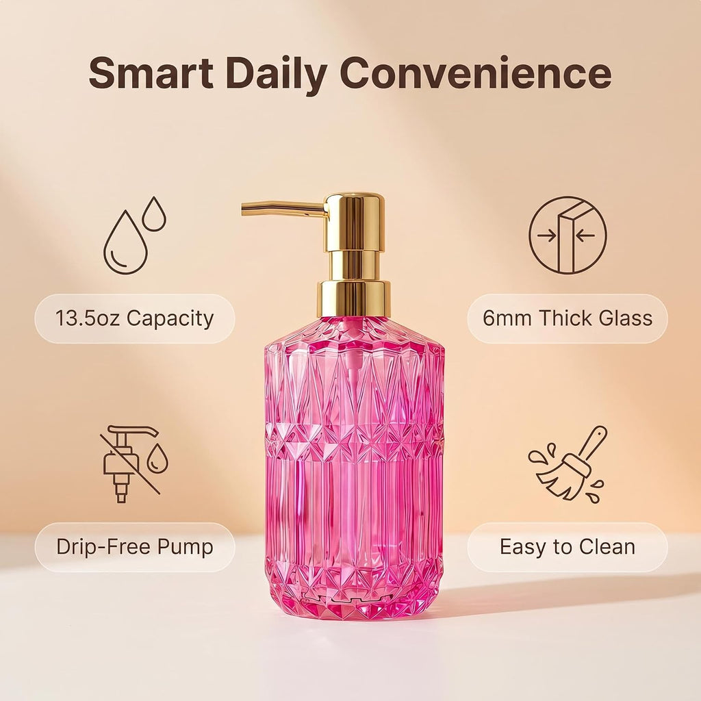 LaMarriti Pink Glass Soap Dispenser with Gold Rust Proof Pump, Refillable Thick Glass Kitchen Soap Dispenser, Lotion Dispenser Bathroom for Hands Soap, Dish Soap, Body Wash