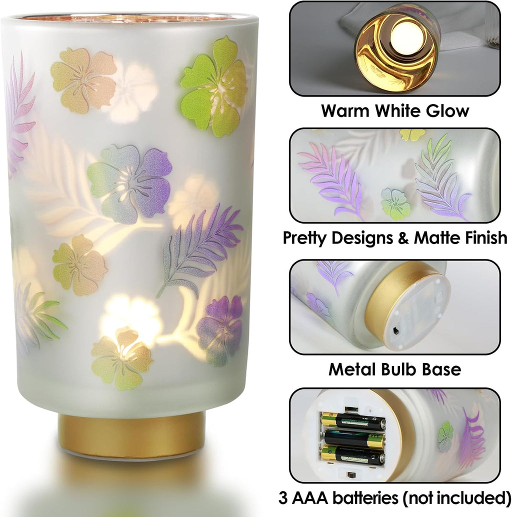 Eywamage 7" Tall Battery Operated Table Lamp, Floral Glass Lamp with Remote Timer, Cordless Accent Lamp Lights for Bedroom Living Room Kitchen